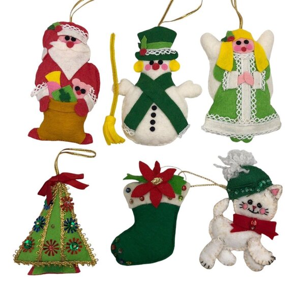 VTG Handmade Christmas Ornaments Felt Sequins Beaded Finished Unicorn Cat Mouse - Picture 2 of 7